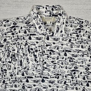 Hagen Carmel Button Sport Shirt Mens L White Navy Cars Auto Print AOP Cotton